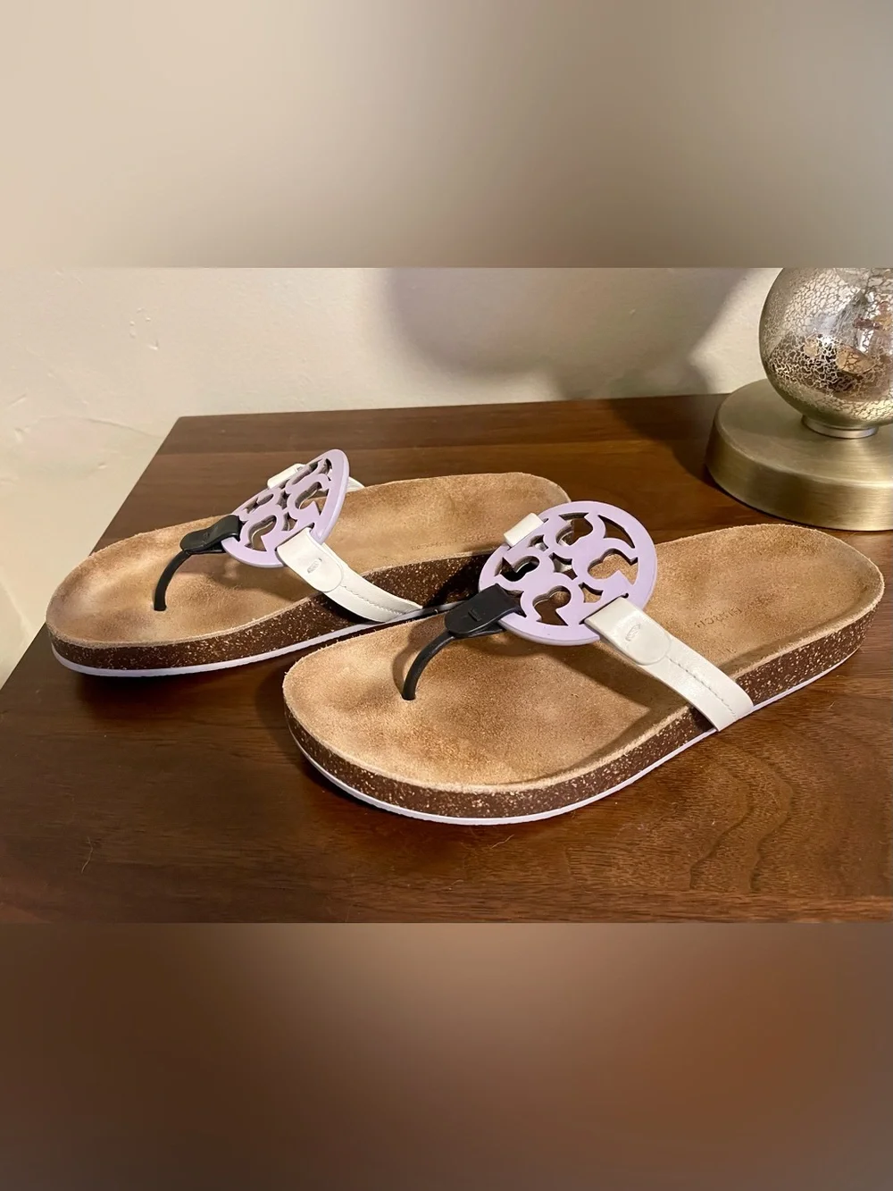 Tory Burch Miller Cloud Lavender White & Black Logo Sandals - Size 7 - Picture 3 of 6